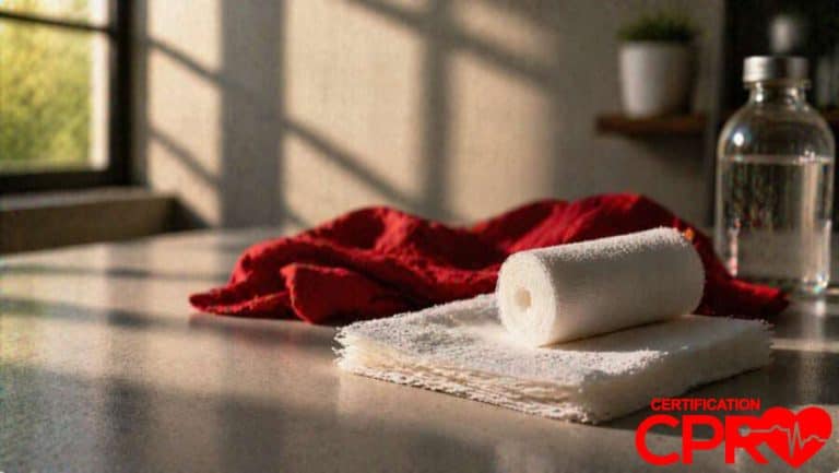 CPR certification training supplies in Tallahassee, including a roll of gauze and first aid essentials.